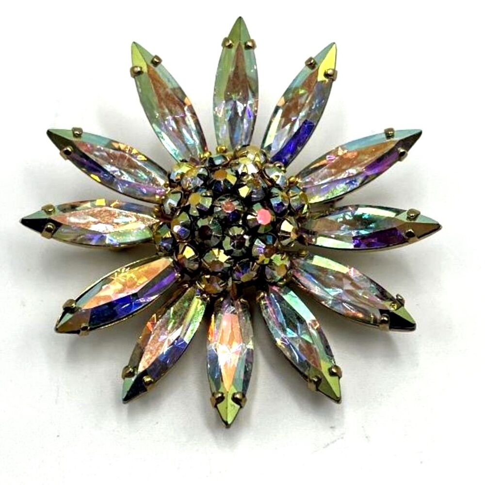 Sherman Aurora Borealis Flower Brooch Vintage gold tone